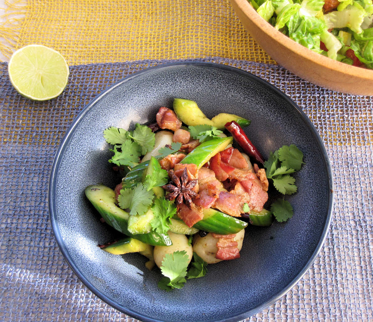 spicy bacon, cucumber and potato salad cuisinefiend.com