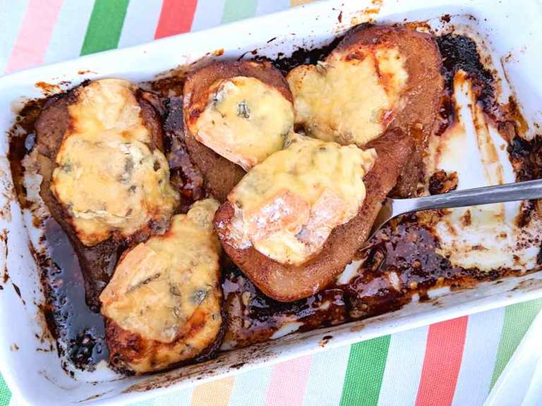 spiced baked pears and blue cheese cuisinefiend.com