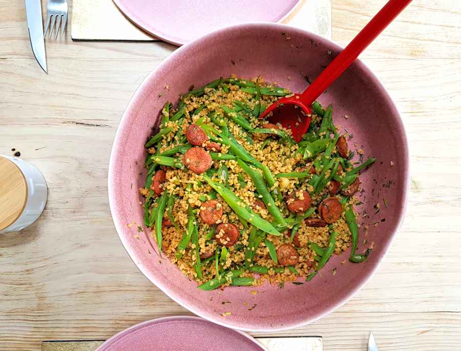 bulgur wheat salad with chorizo and runner beans cuisinefiend.com