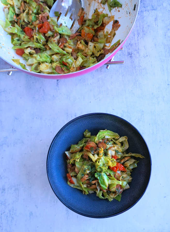 cabbage with bacon tomatoes and mushrooms cuisinefiend.com