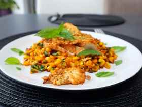 chicken with fried corn and feta