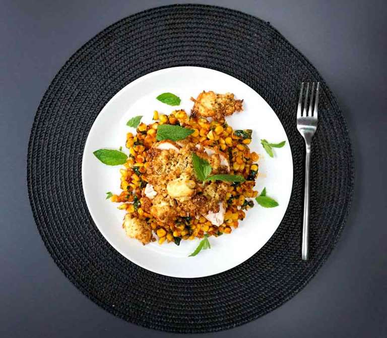 roast chicken with sweetcorn and crispy feta cuisinefiend.com