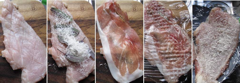 Preparing chicken fillets for saltimbocca