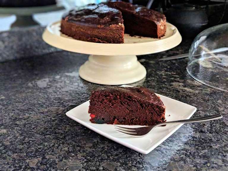 chocolate and glace cherry cake cuisinefiend.com
