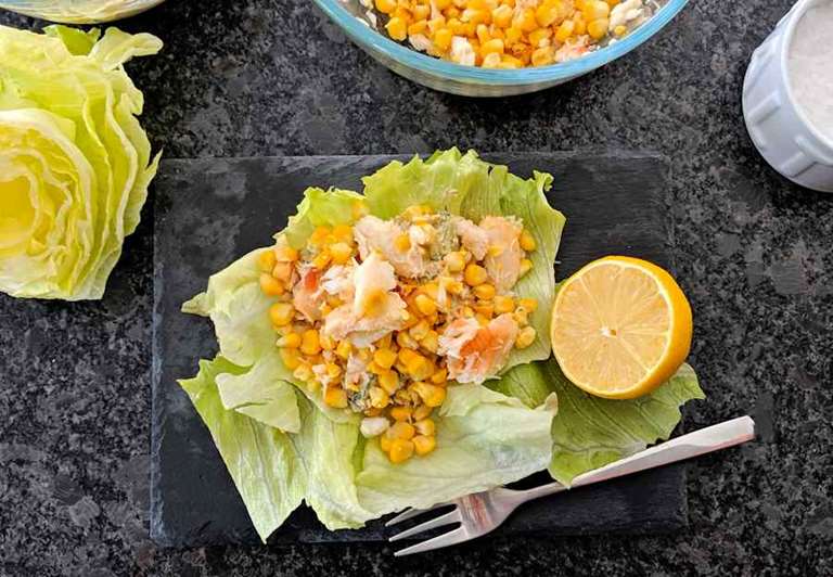 layered crab and fresh corn salad cuisinefiend.com