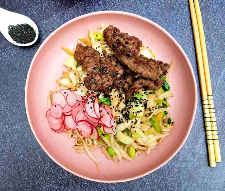 crispy ginger beef noodles with pickled radish cuisinefiend.com