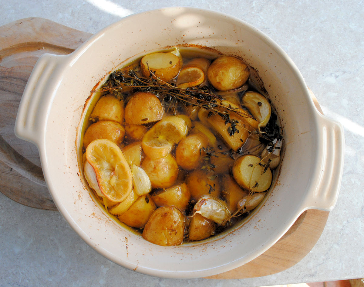 garlic and lemon poached potatoes cuisinefiend.com