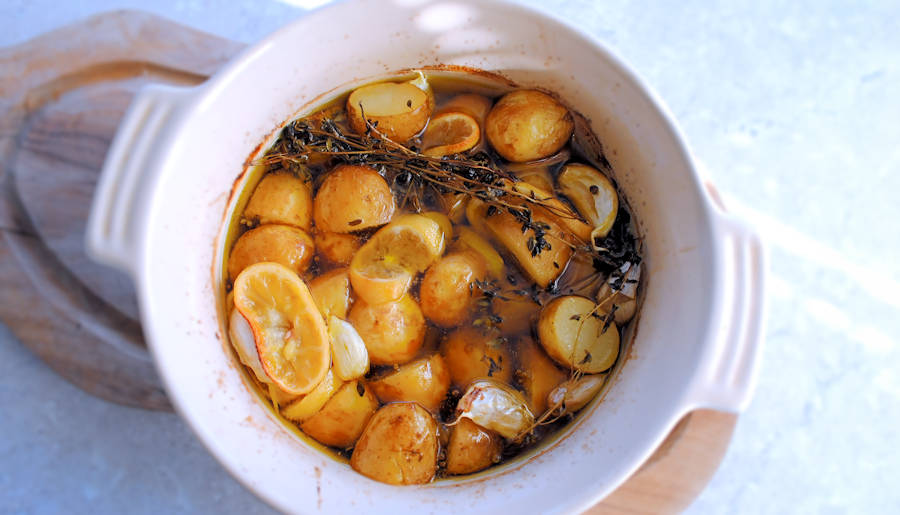 Lemon and garlic poached potatoes