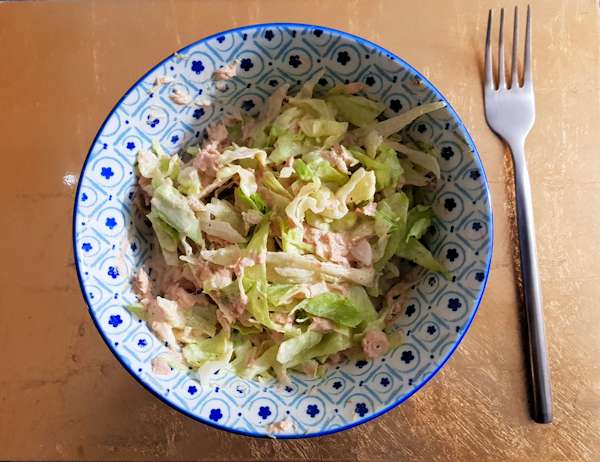 tuna mixed with mayo, double cream, shredded lettuce and salt and pepper cuisinefiend.com keto diary