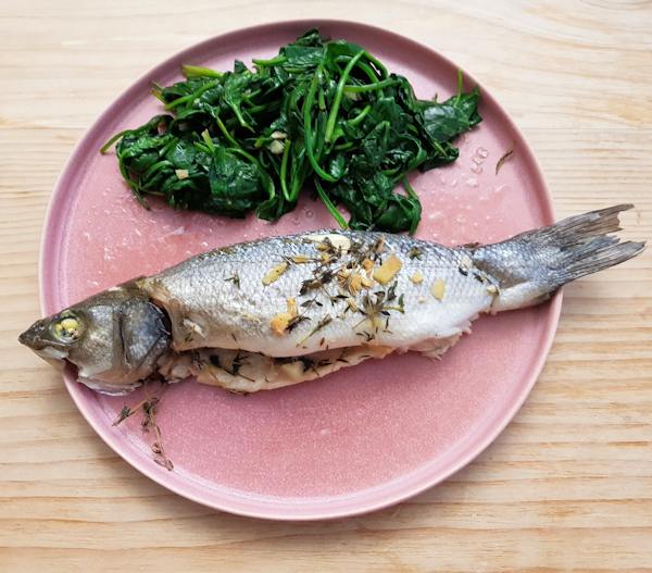 roast sea bass with spinach cuisinefiend.com keto diary