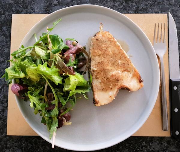 fish with blue sauce and mixed leaf salad cuisinefiend.com keto diary