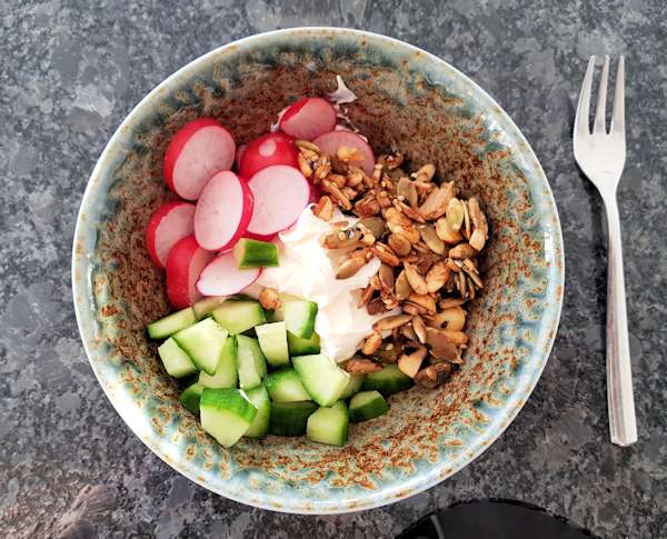 mascarpone, radish, cucumber and seed topping cuisinefiend.com keto diary