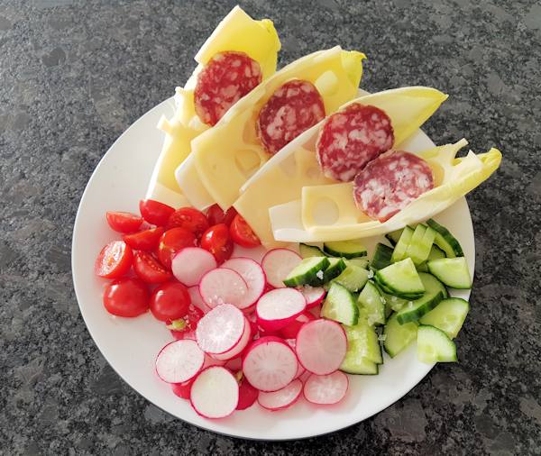 salad with chicory cheese and salami cuisinefiend.com keto diary