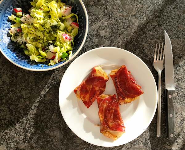 toasted cheese and ham with cabbage salad cuisinefiend.com keto diary