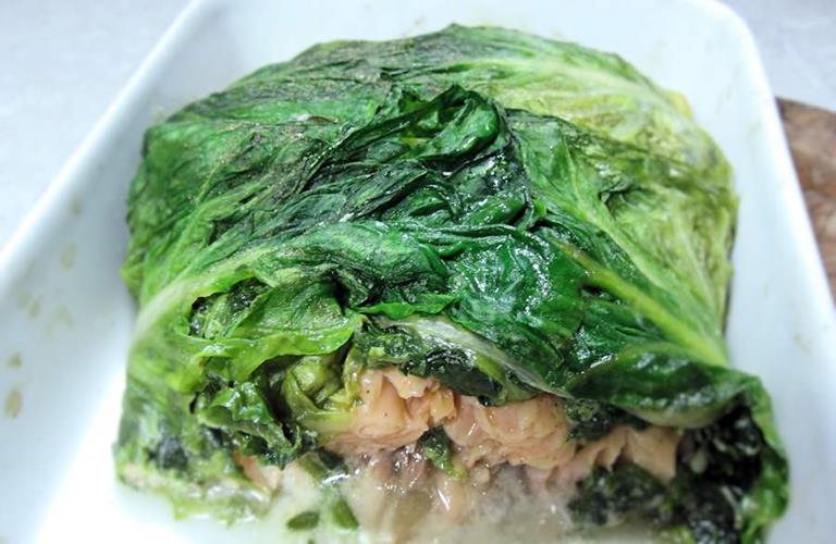 Leaf wrapped salmon