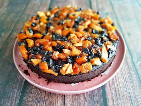 midnight cake with fruit salad topping