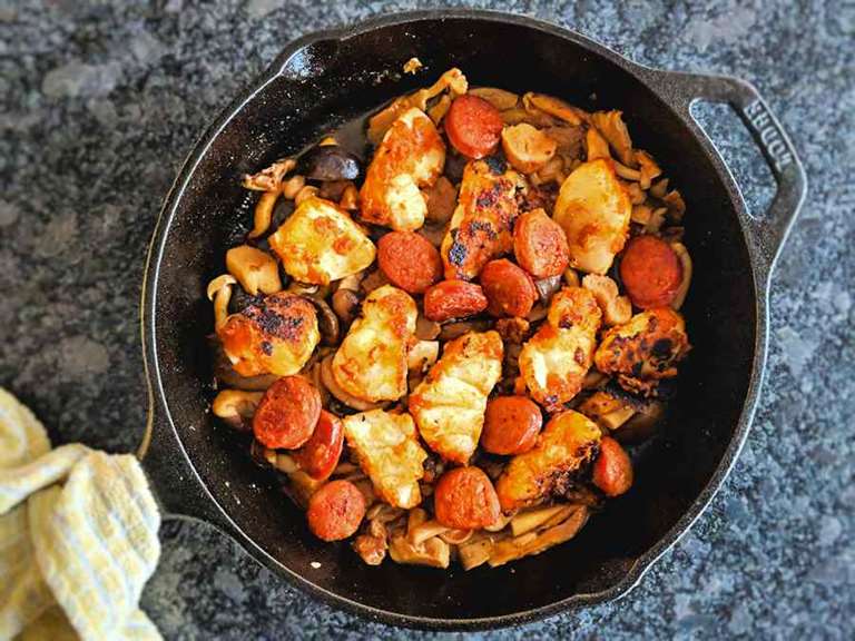 monkfish with chorizo and mushrooms cuisinefiend.com