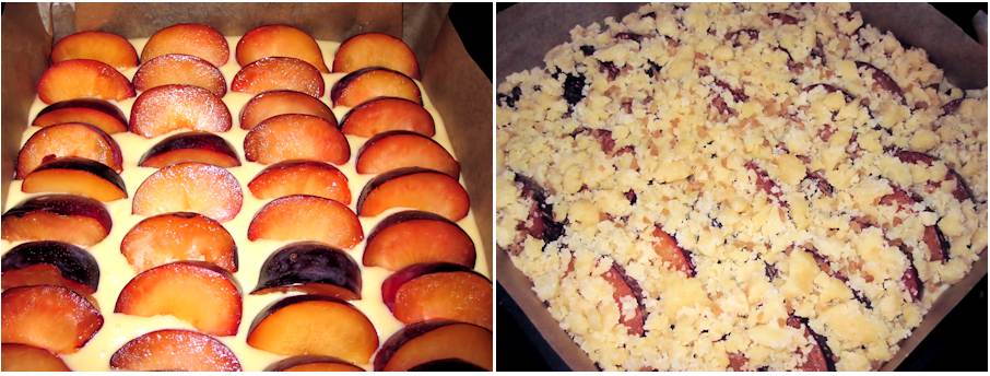 Making plum crumble cake