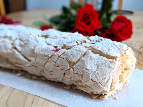 Raspberry meringue roulade