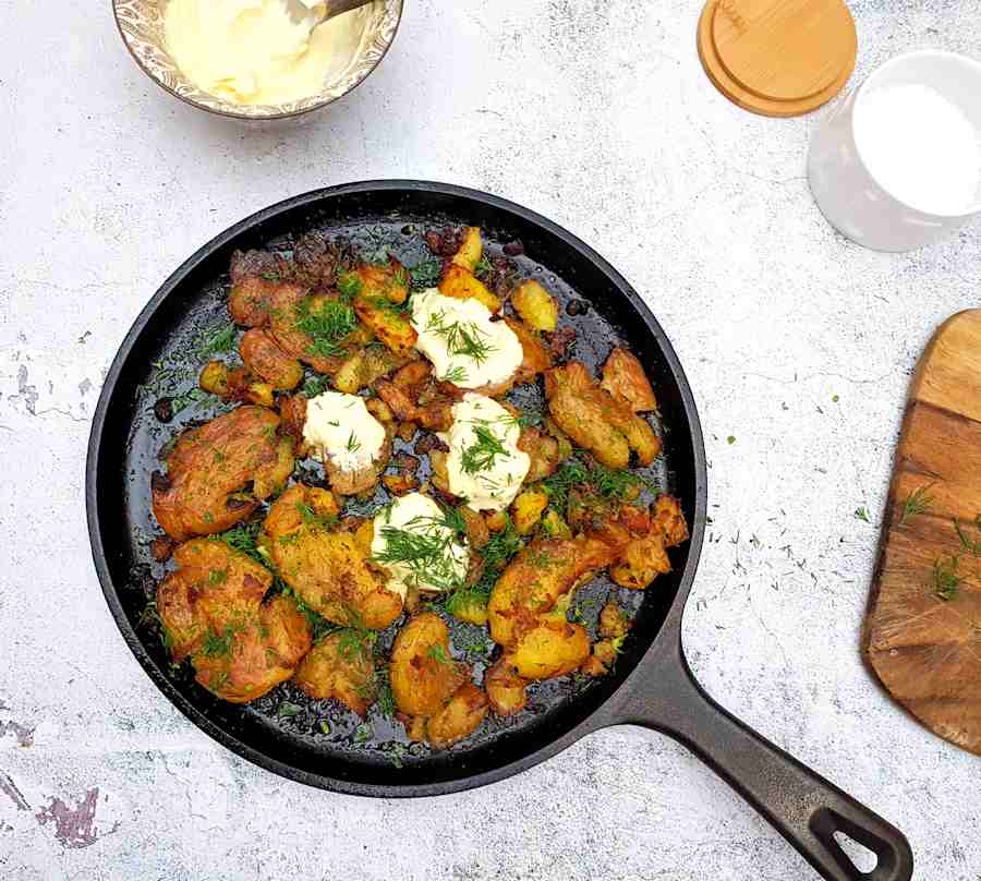 roasted smashed potatoes with tangy cream cuisinefiend.com