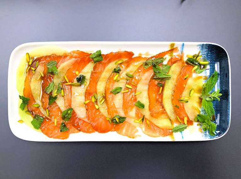 cured salmon and melon salad cuisinefiend.com