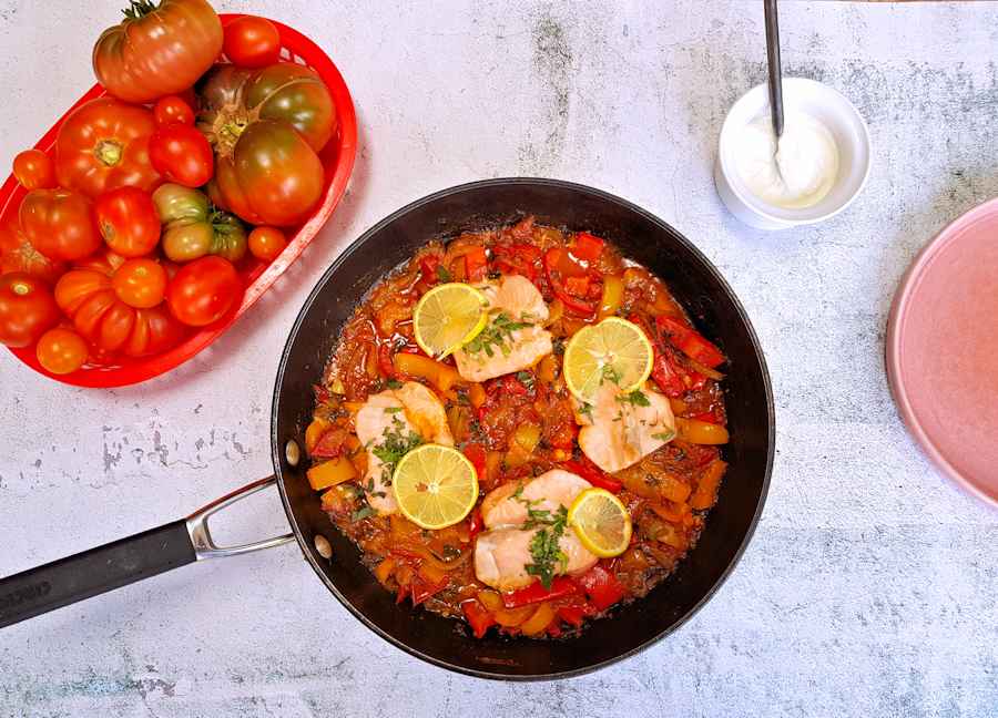 shakshuka with poached salmon cuisinefiend.com