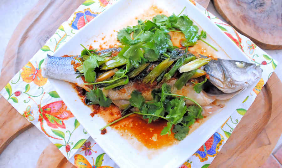 Steamed oriental whole sea bass