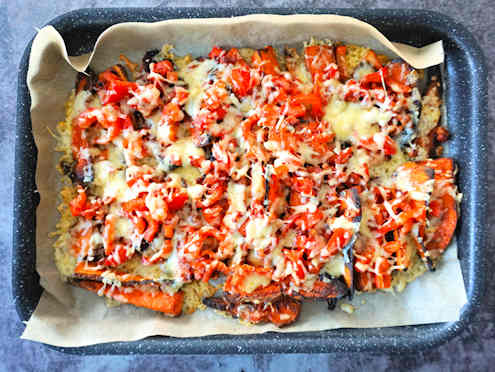 cheesy sweet potato tray bake