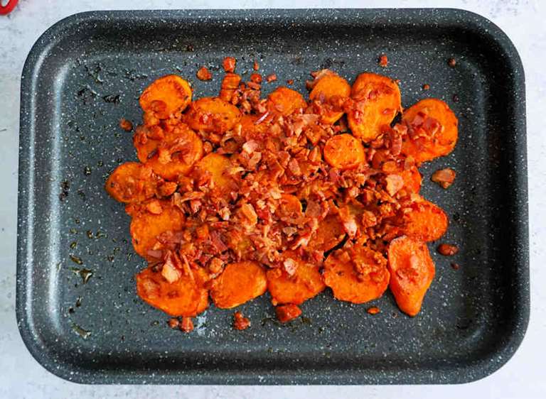 roasted sweet potatoes with chorizo and bacon cuisinefiend.com