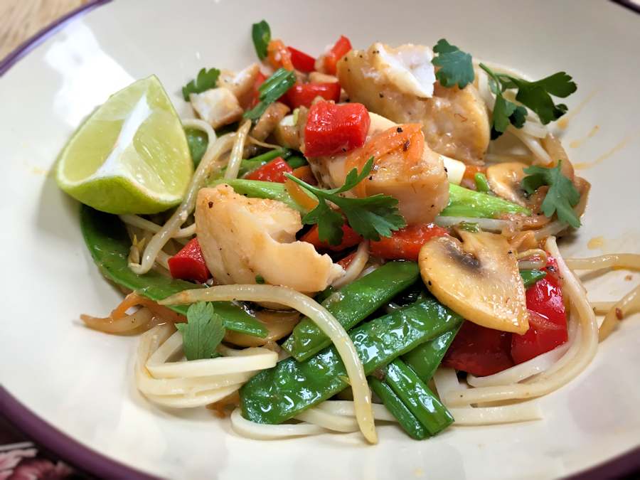 Thai fish stir fry with noodles cuisinefiend.com