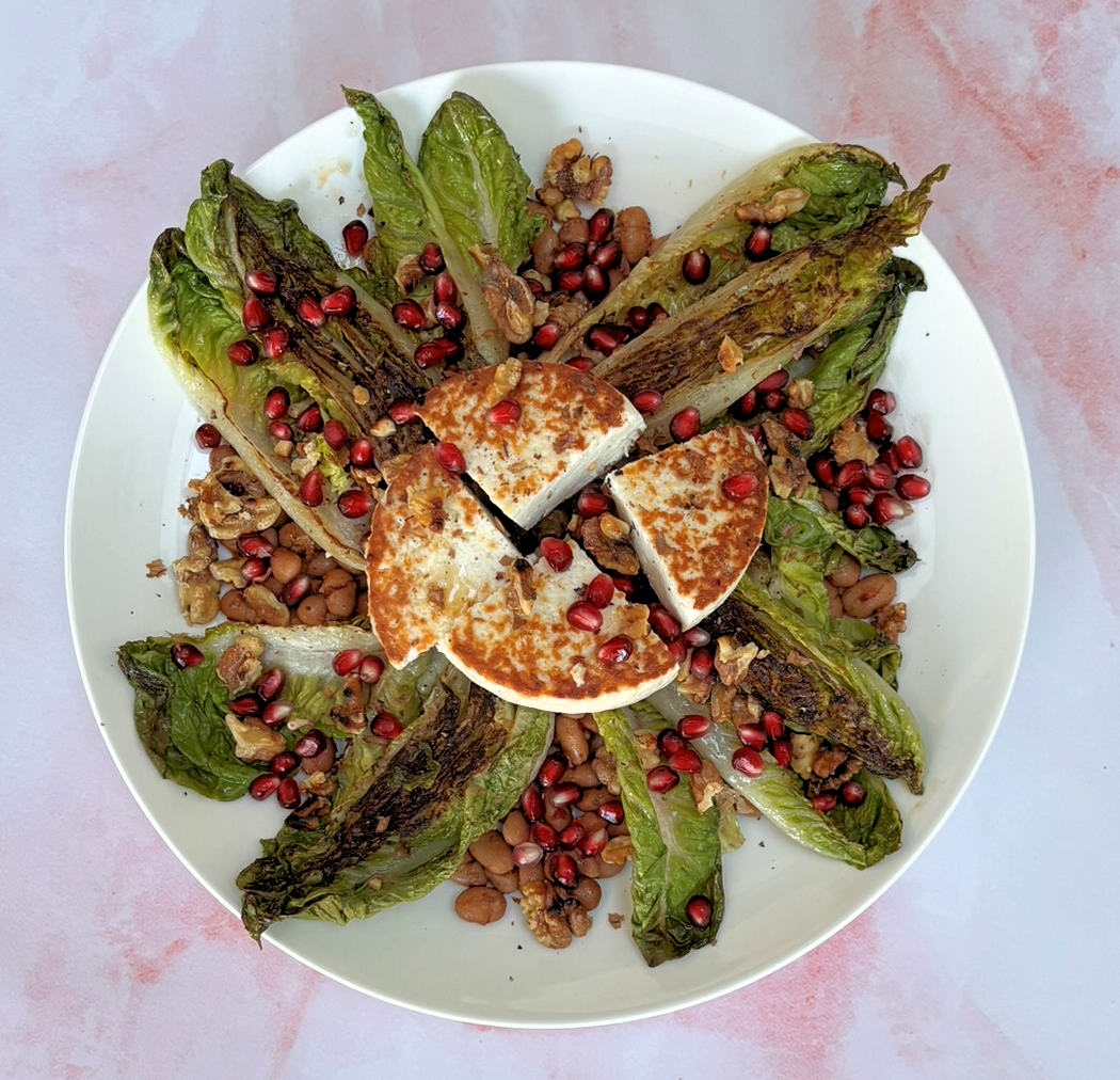 manouri cheese with beans and grilled lettuce cuisinefiend.com