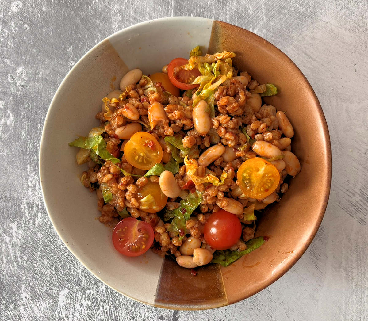spelt and bean salad with harissa dressing cuisinefiend.com