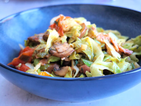 cabbage with bacon, tomato and mushrooms
