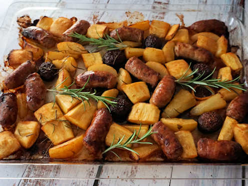 sausage pear and parsnip tray bake